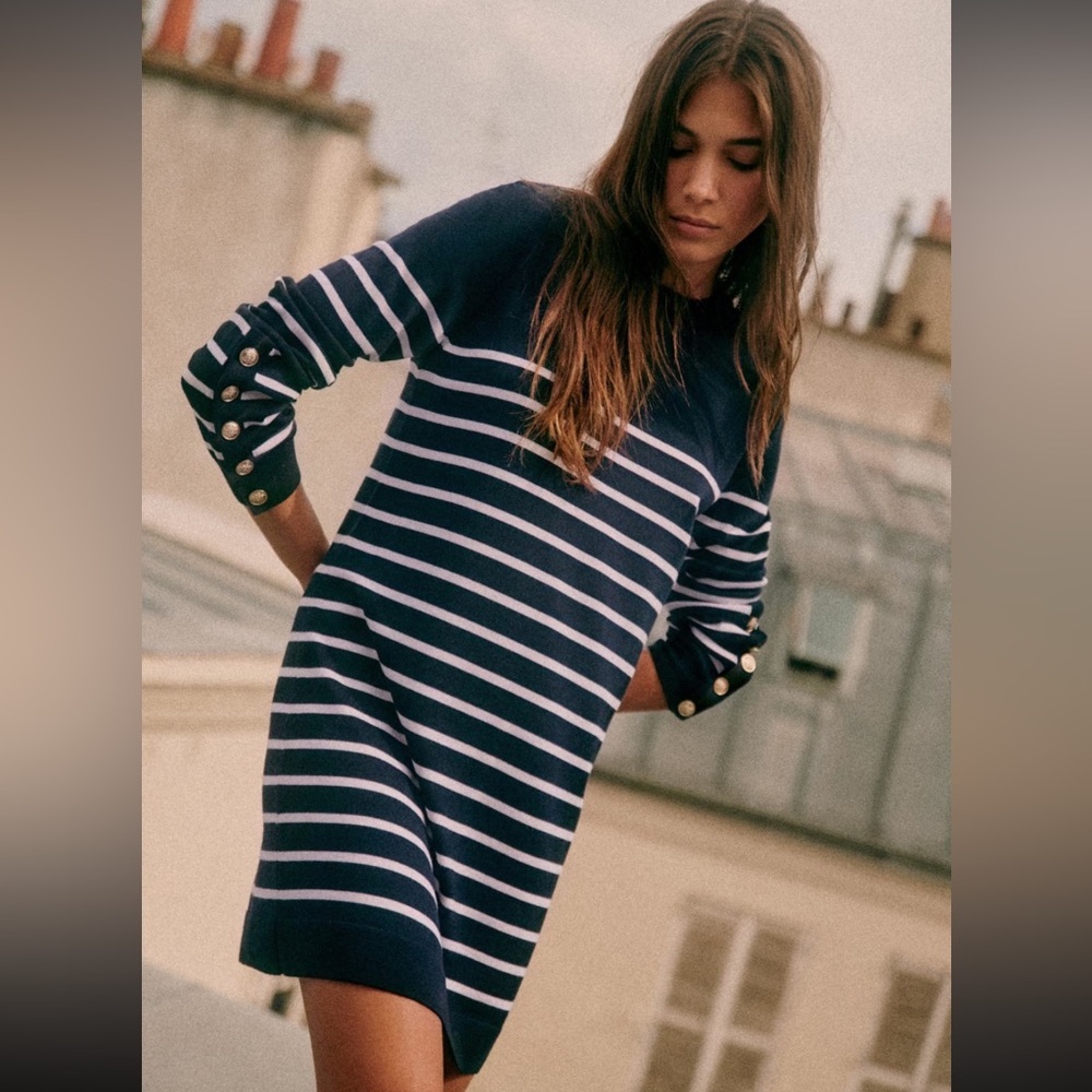 Sézane Paola Navy Ecru Striped Merino Wool Knit Dress Gold Button S